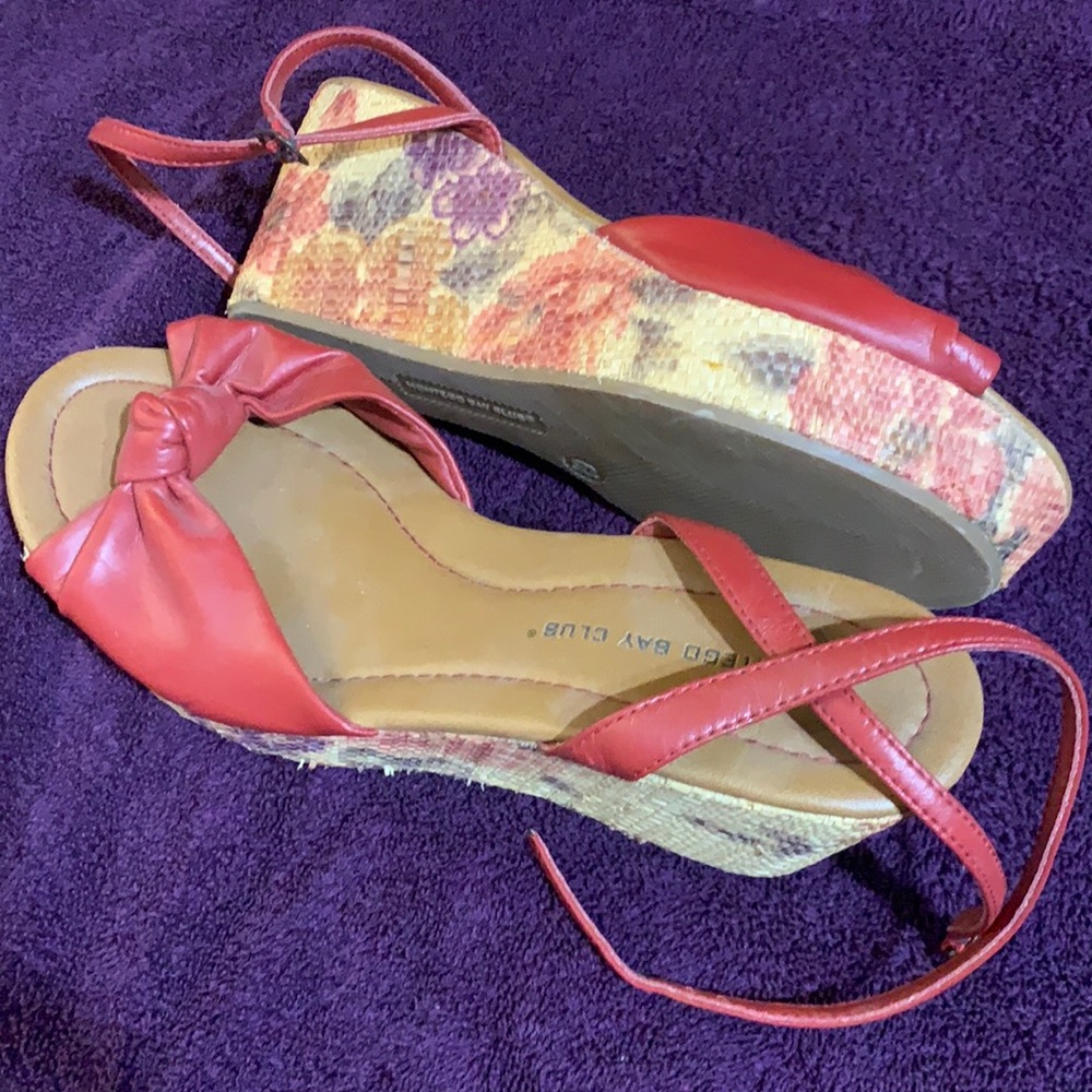 Red floral platform wedge sandals